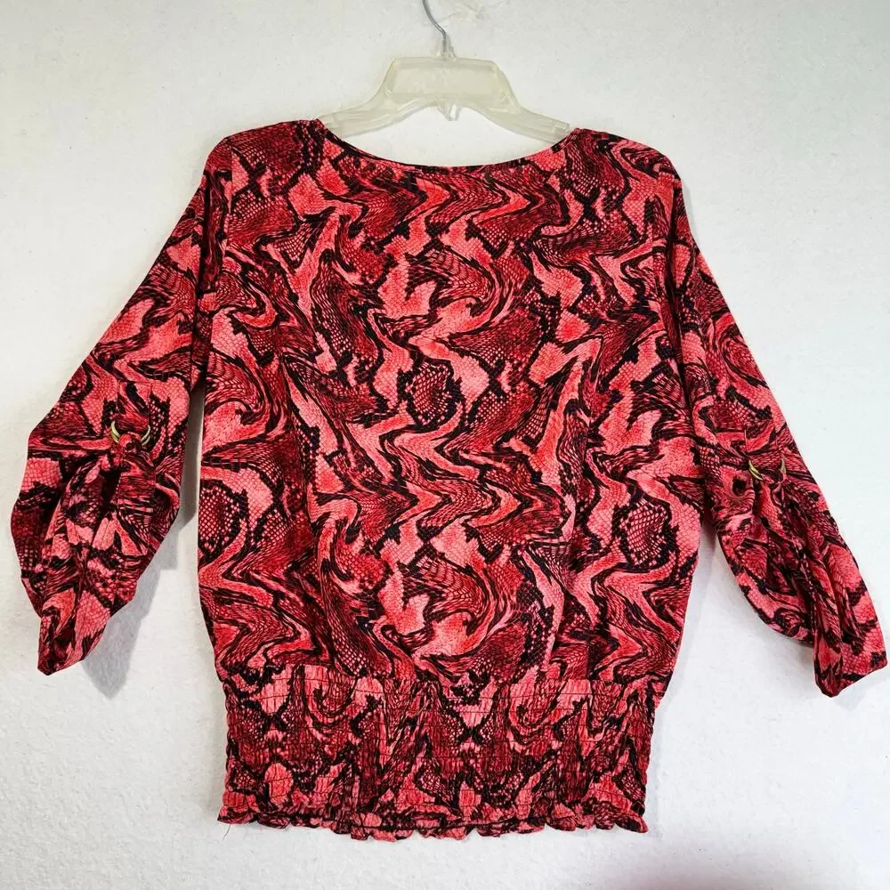 Michael Kors MK Black & Red Snake Skin Print Blouse 3/4 Roll Tab Sleeves Medium
